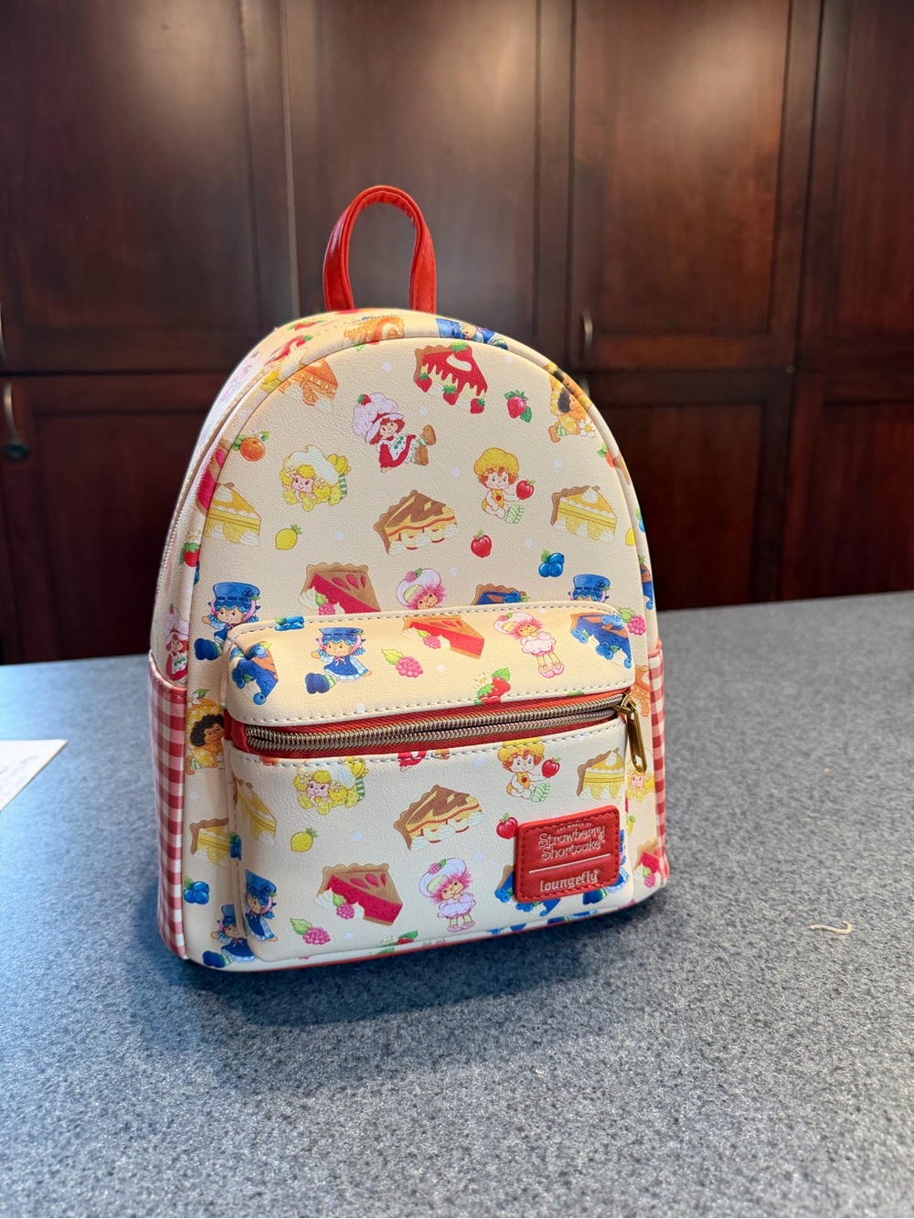 Loungefly Cream Strawberry Shortcake Pattern Kids Mini Backpack with Red Trim